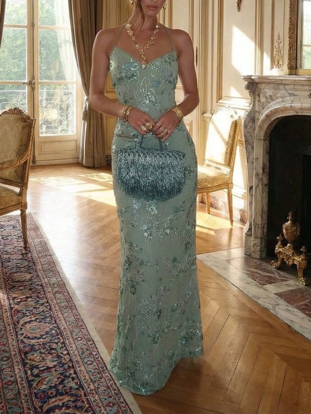 Green Sexy Women's Elegant Romantic Backless Camisole Top And Sequin Skirt Set - Picture 6 of 10